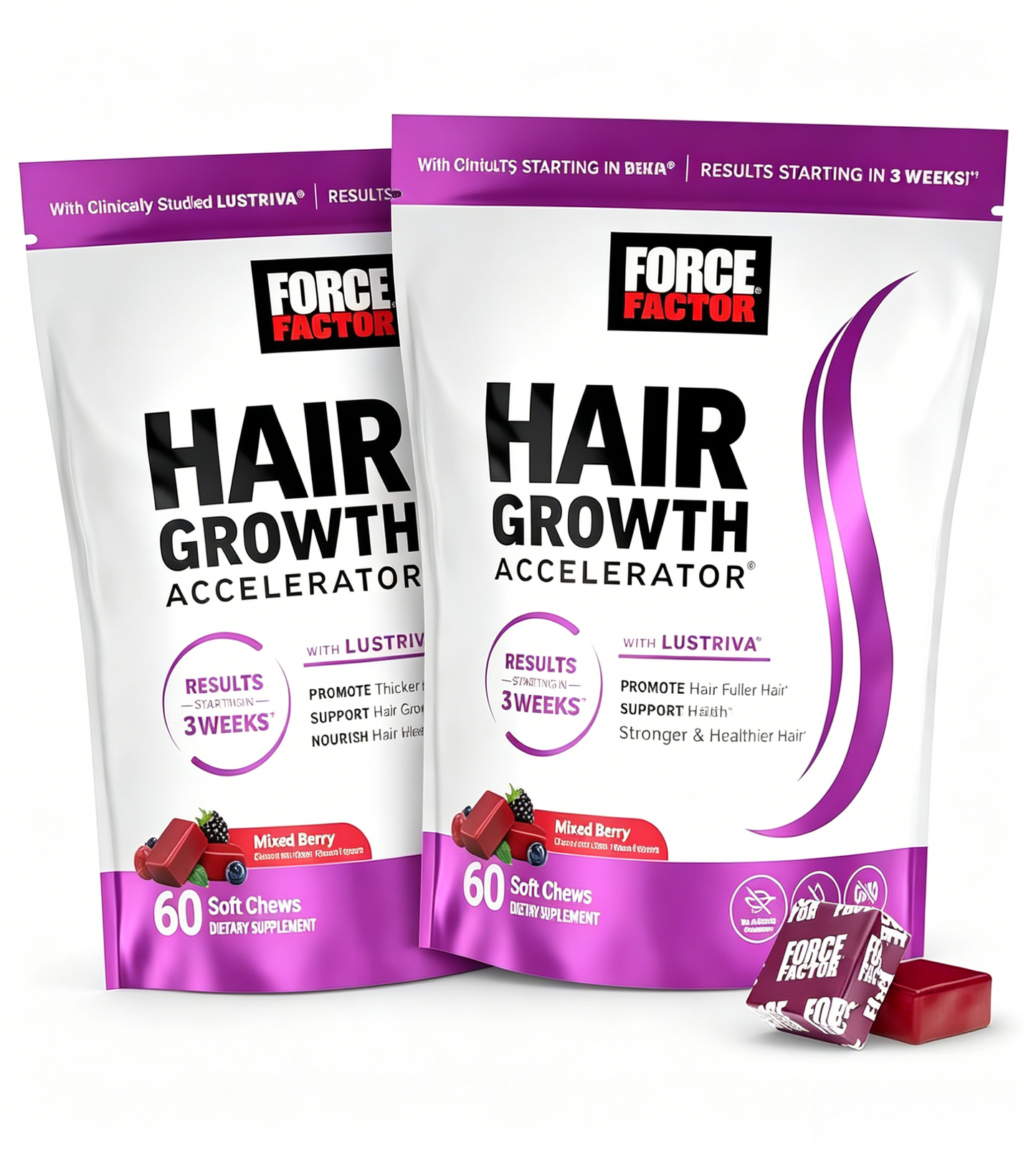 Force Factor Hair Growth Accelerator Soft Chews, Hair Growth Vitamins for Women and Men with Clinically Studied Lustriva and Biotin, Promotes Thicker, Fuller, Stronger Hair, Mixed Berry, 60 Soft Chews