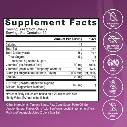 Force Factor Hair Growth Accelerator Soft Chews, Hair Growth Vitamins for Women and Men with Clinically Studied Lustriva and Biotin, Promotes Thicker, Fuller, Stronger Hair, Mixed Berry, 60 Soft Chews